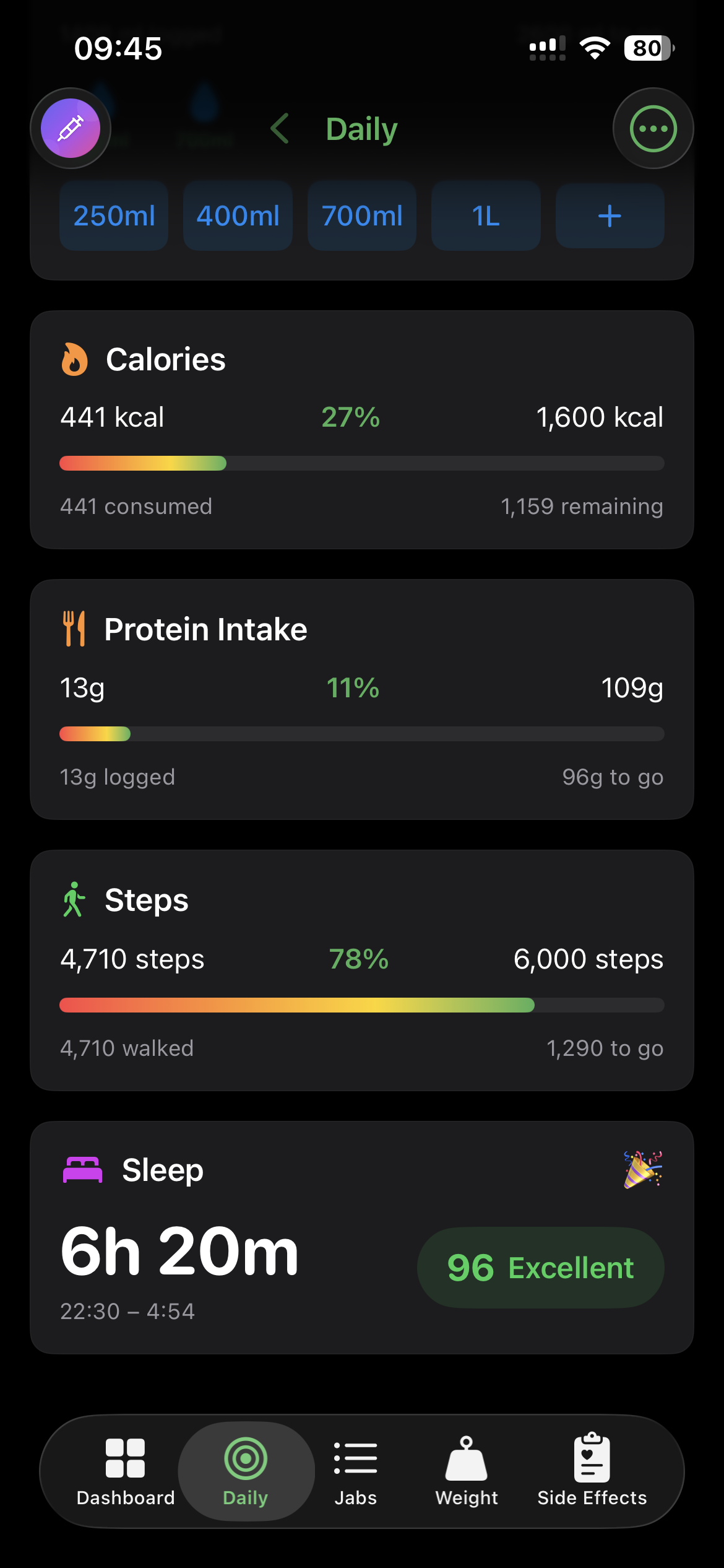 Daily tracking - calories, protein, steps, sleep