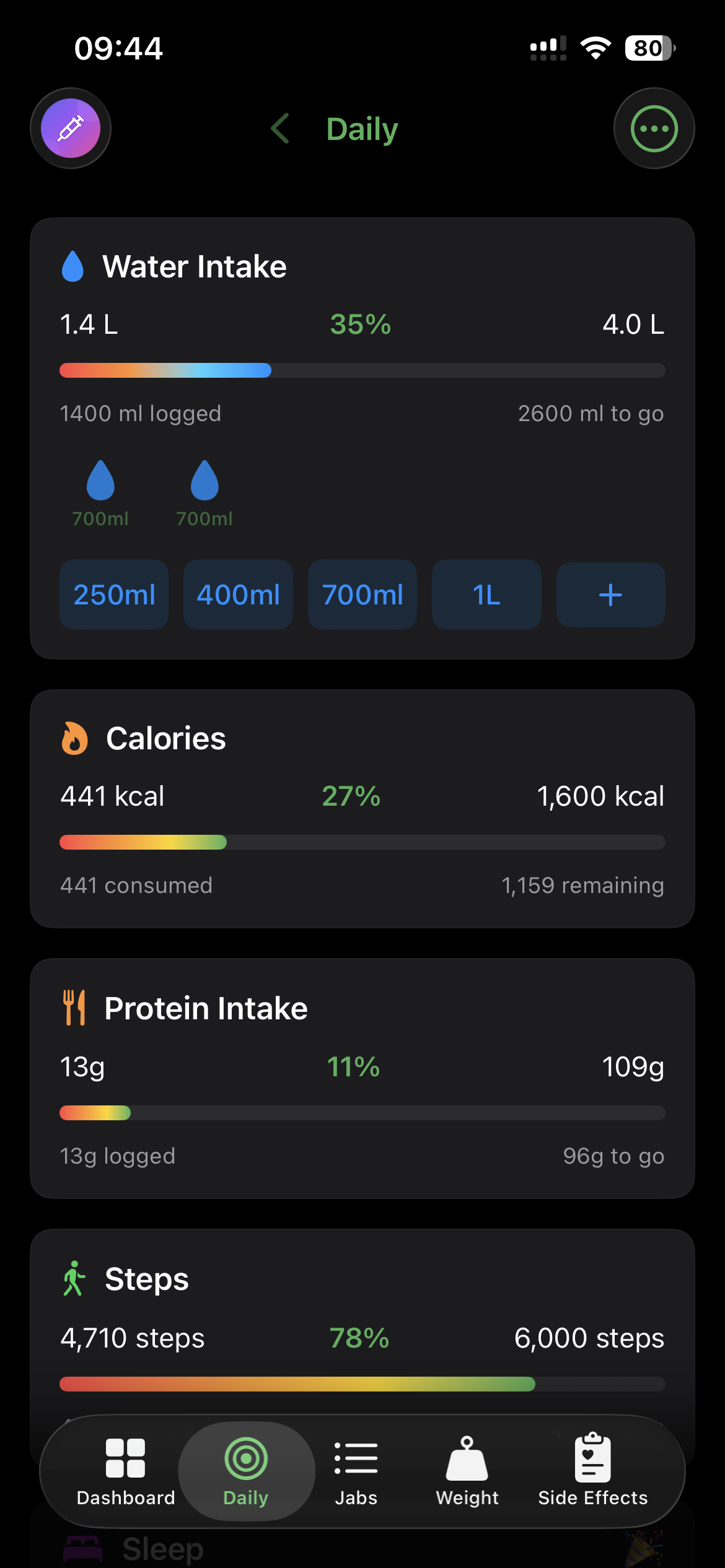 Daily tracking - water, calories, protein, steps