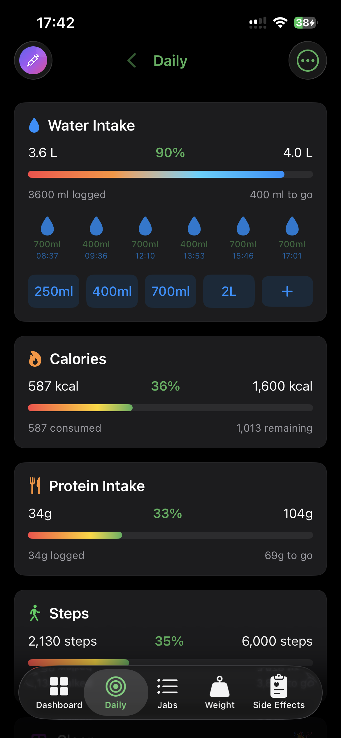 Daily tracking showing water, calories, protein, and steps