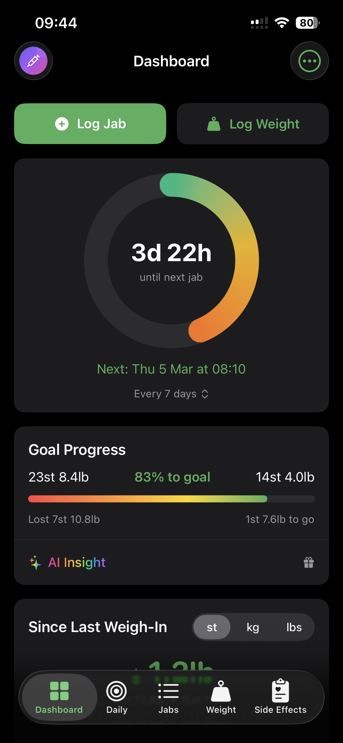 Flux dashboard showing next dose countdown and goal progress