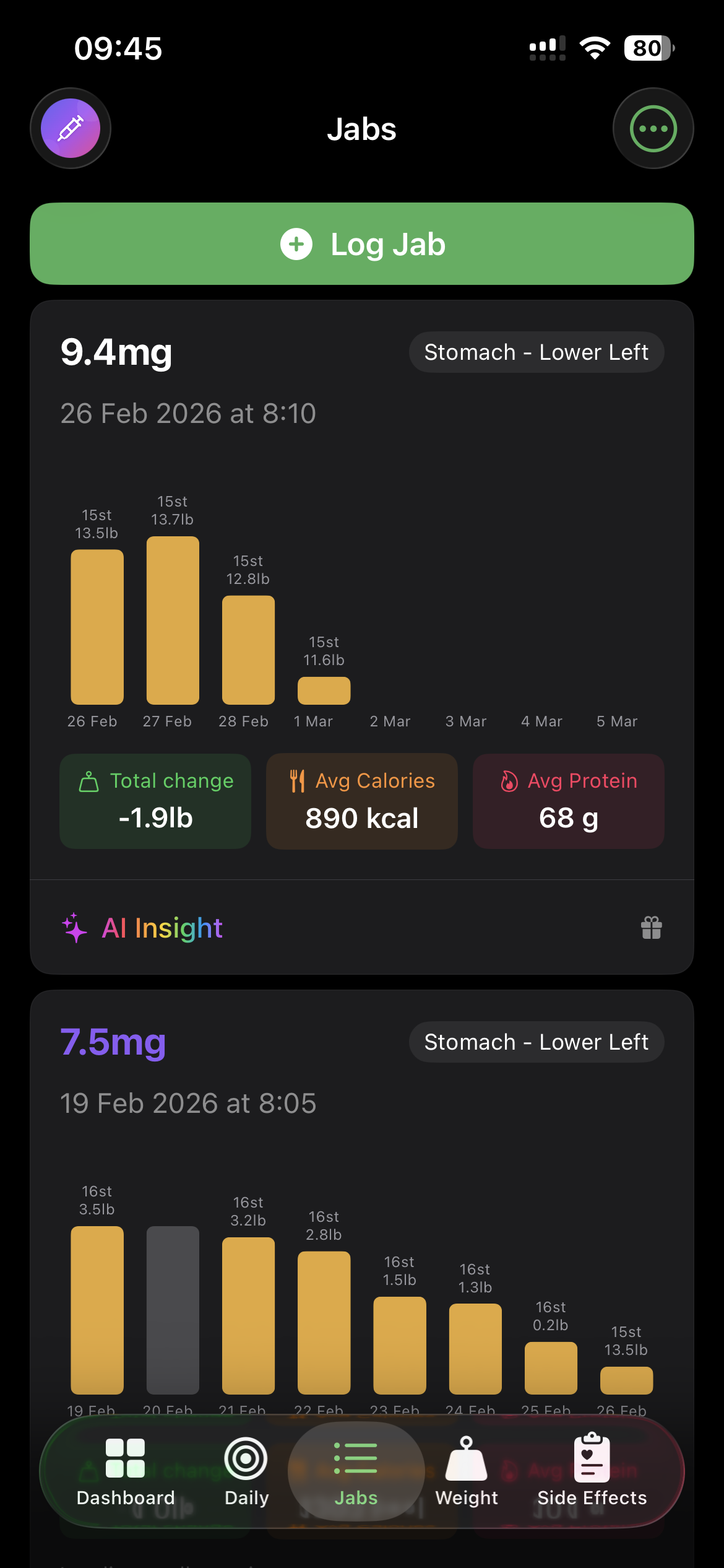 Complete injection history with dosage details